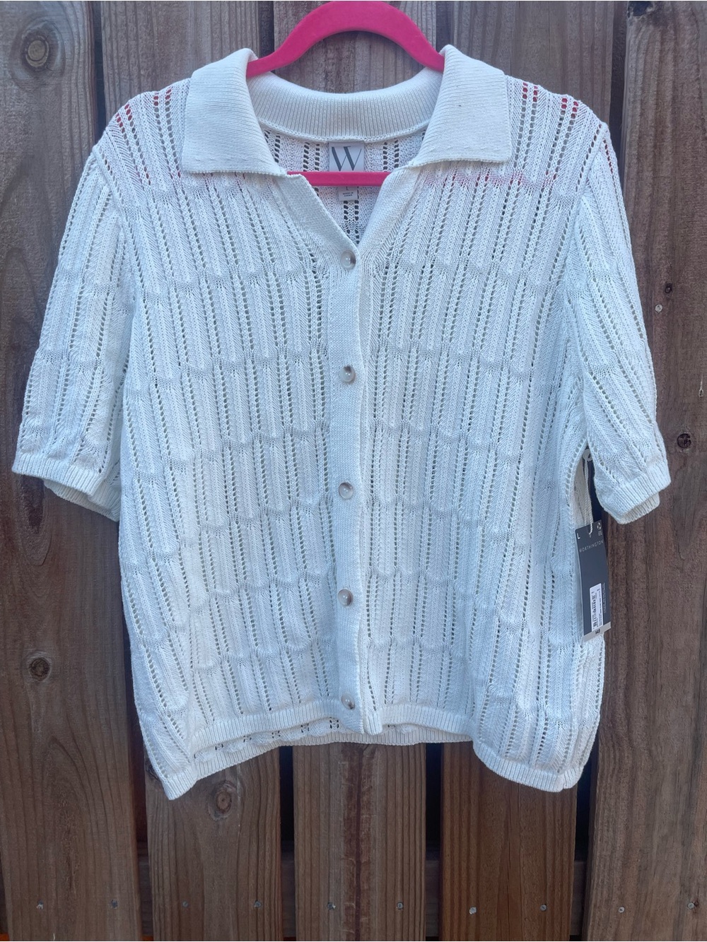 Worthington white Knit collared Button-Up Short Sleeve Cardigan size large NWT